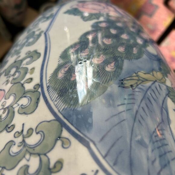 Vintage Blue and White Asian Vase with Pink Floral Accents w Birds 24" - Picture 11 of 15